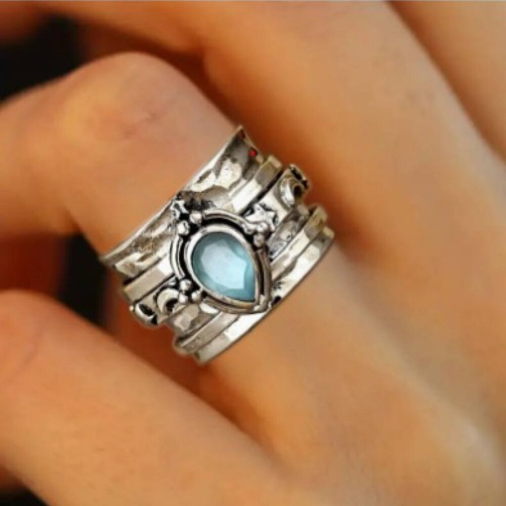 Bohemian Wide Face Silver Plated Copper Ring Blue Synthetic Zirconia Size 8 - Picture 3 of 5